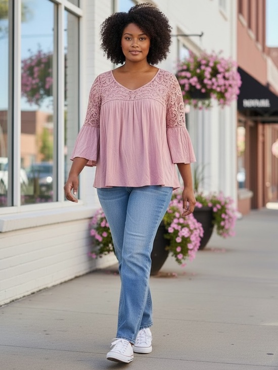 easel Tops - NEW easel Light Pink Lace Shoulder Bodice V Neck Bell Sleeve Comfy Top T-shirt
